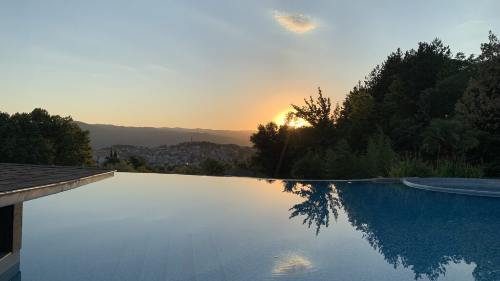 The view from the infinity pool at Hotel Medite in Sandanski
